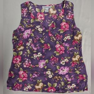 Vintage Silk Floral Purple Sleeveless Top Size Medium